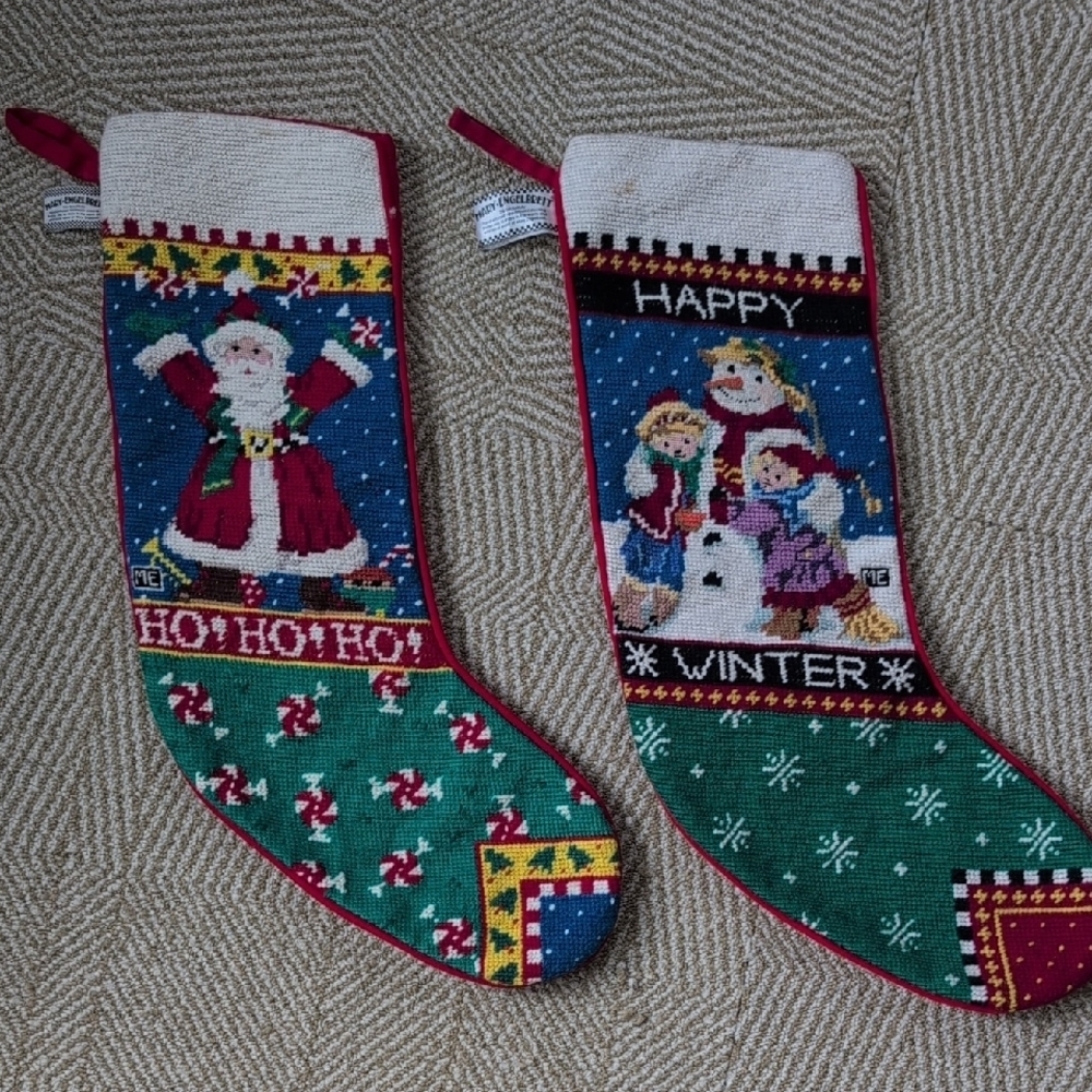 Mary Engelbreit Vintage Santa Snowman Needlepoint Velvet Holiday Stockings